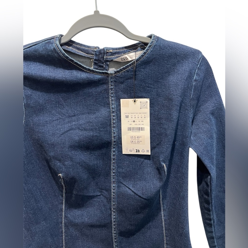 Zara Dark Blue Denim Long-Sleeve Mini Dress - Picture 5 of 5